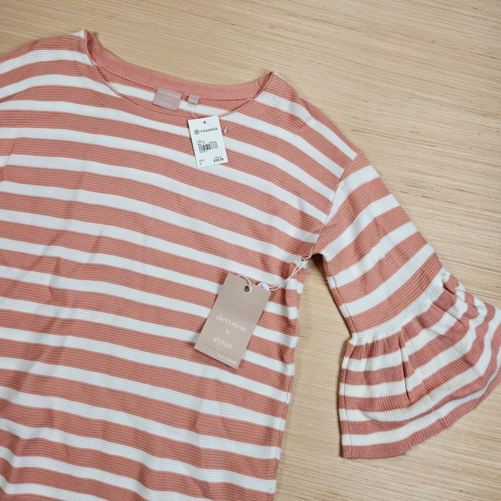 Devotion by Cyrus Sweater Women L Dusty Pink Striped Bell Sleeve Knit Top NEW